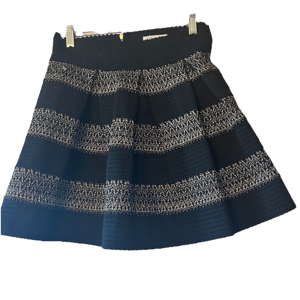 Ginger G Small Black Gold Stiff Textured Full Flare Mini Skirt Stretch Knit Flaw